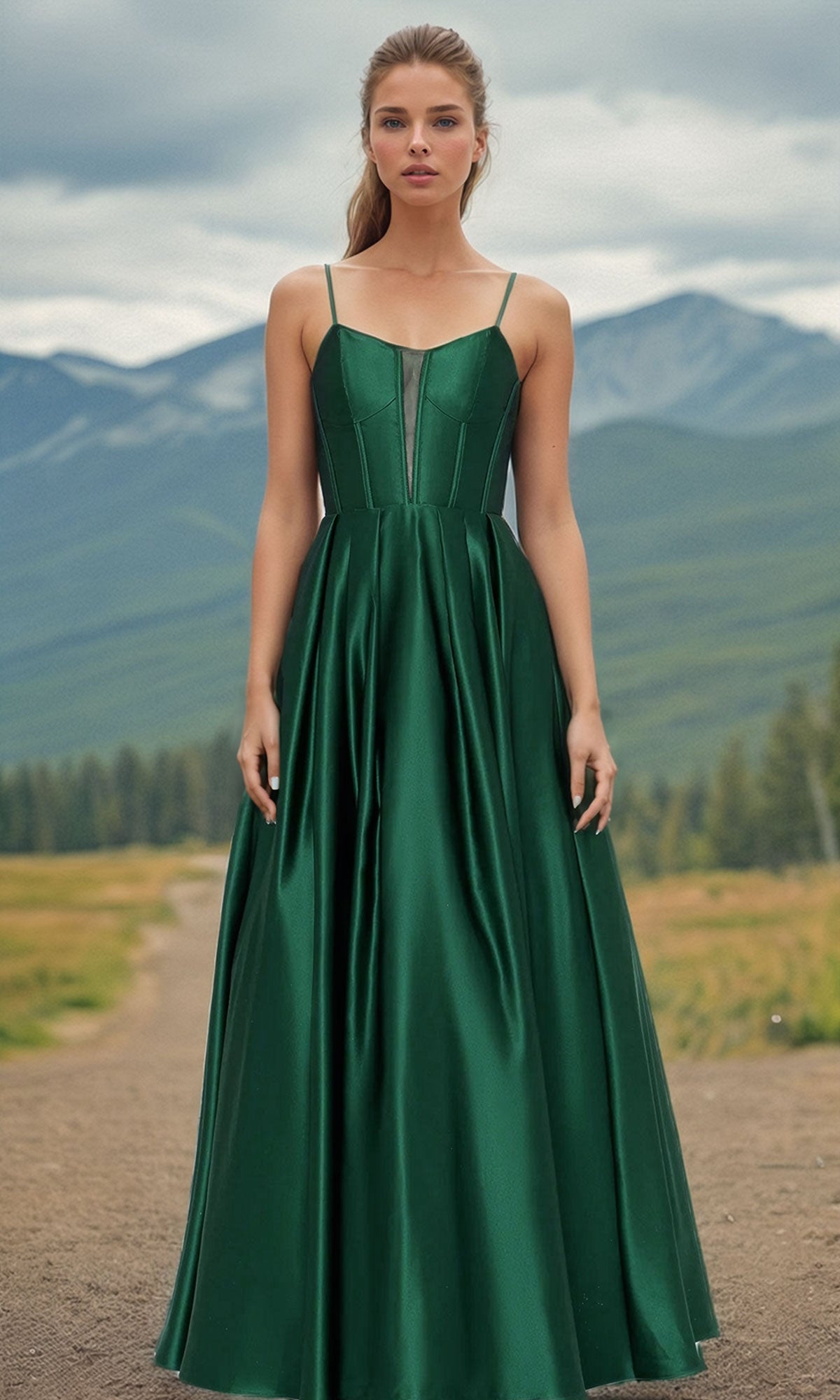 Outdoors on a dirt path, a woman wears the Blondie Nites Long A-Line Prom Dress 4826BN in hunter—a sleeveless, floor-length gown with a corset-style bodice—framed by mountains and lush greenery.